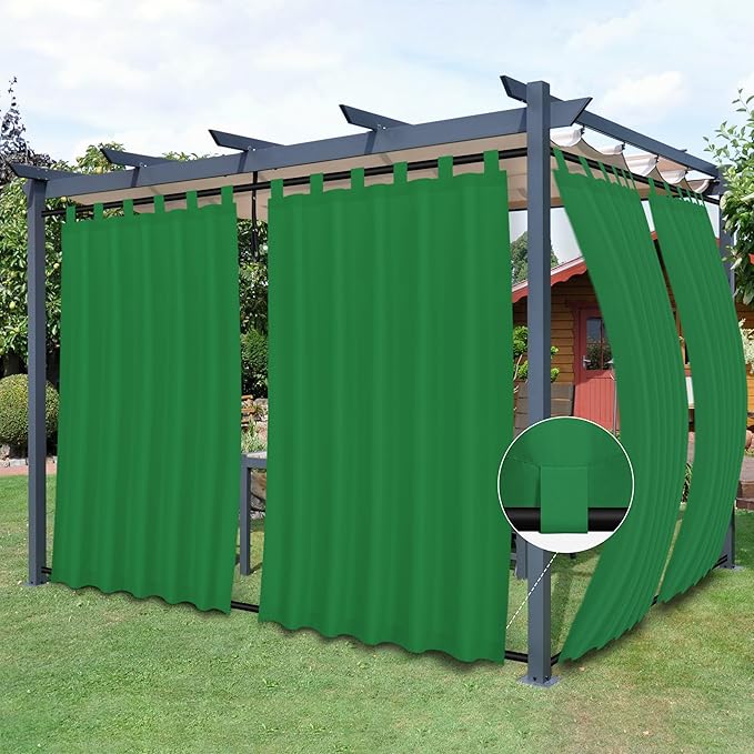 Easy-Going Outdoor Patio Curtains Detachable Tab Top Windproof Weatherproof Curtain for Cabana, Porch, Pergola and Gazebo, Tab Bottom Drape, 2 Panels, 54W x 84L inch, Green