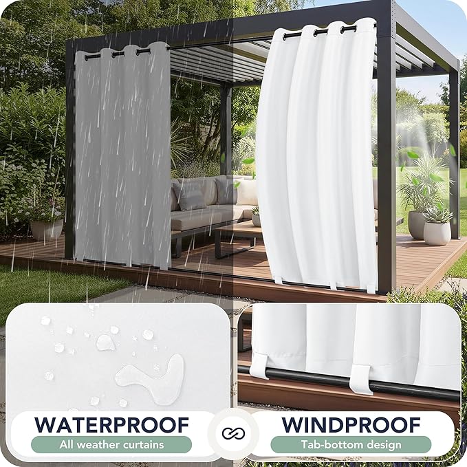 Patio Curtains Outdoor Waterproof 6 Panels - Windproof, Privacy, Weatherproof Outside Drapes for Gazebo Pergola Porch, Grommet Top and Tab Bottom, 54x95 Inch, White
