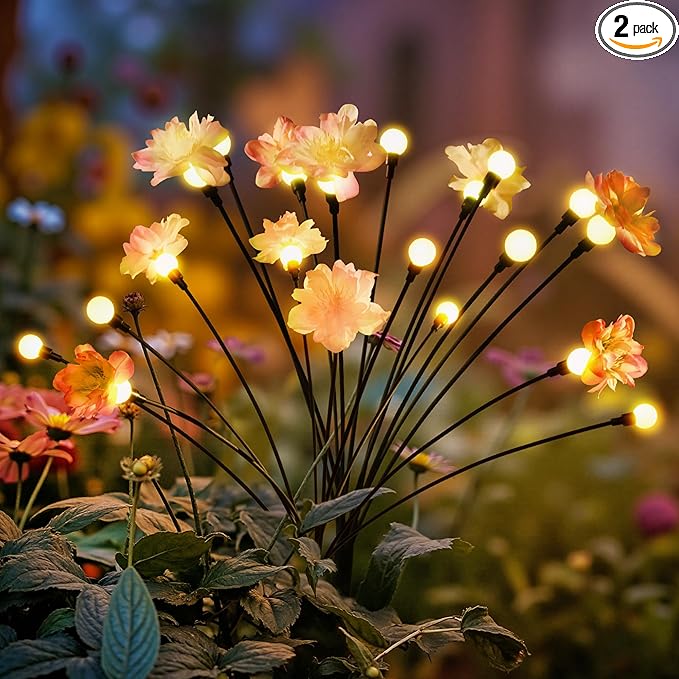 Solar Garden Lights, Warm White LED Swaying Solar Flowers Light for Outside, Waterproof Garden Decor, Outdoor Decorative Lights Yard, Patio, Pathway Decoration Gardening Gifts (2 Pack)