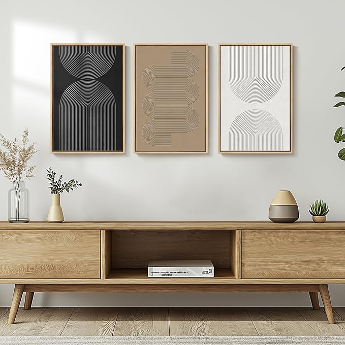 Framed Black and White Brown Abstract Wall Art, 3 Piece Boho Geometric Canvas - Image 4