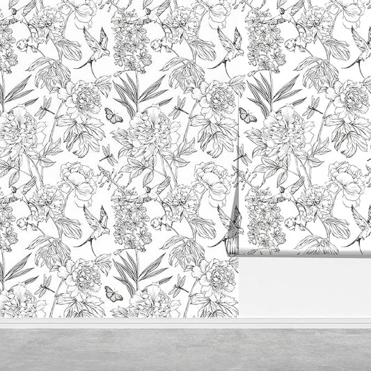 Jiffdiff White and Black Wallpaper Peel and Stick Sketched Peony Floral by wallpaper