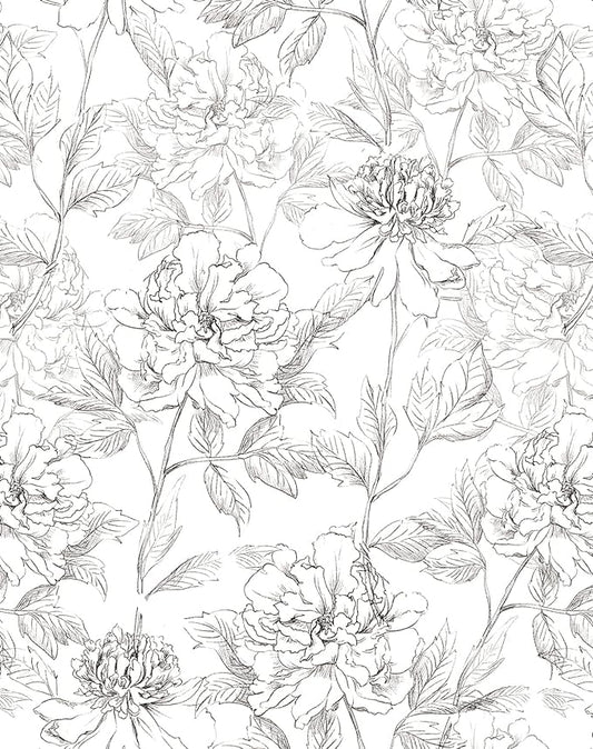 JiffDiff Black and White Floral Wallpaper 17.3" x 394" Peonies Removable Peel by wallpaper
