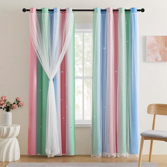 XiDi Pink Curtains for Bedroom Decor Blackout Curtains for Girl Room Rainbow by Addsomecolortolife