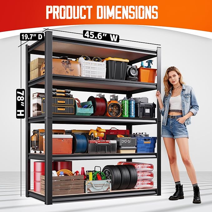 Garage Shelving-2050 lbs 5 Tier Storage Shelves,Adjustable Heavy Duty Metal Shelving Unit and Storage Large Rack,Utility Steel Shelf for Warehouse Industrial Pantry Basement -78"x46"x20",Black