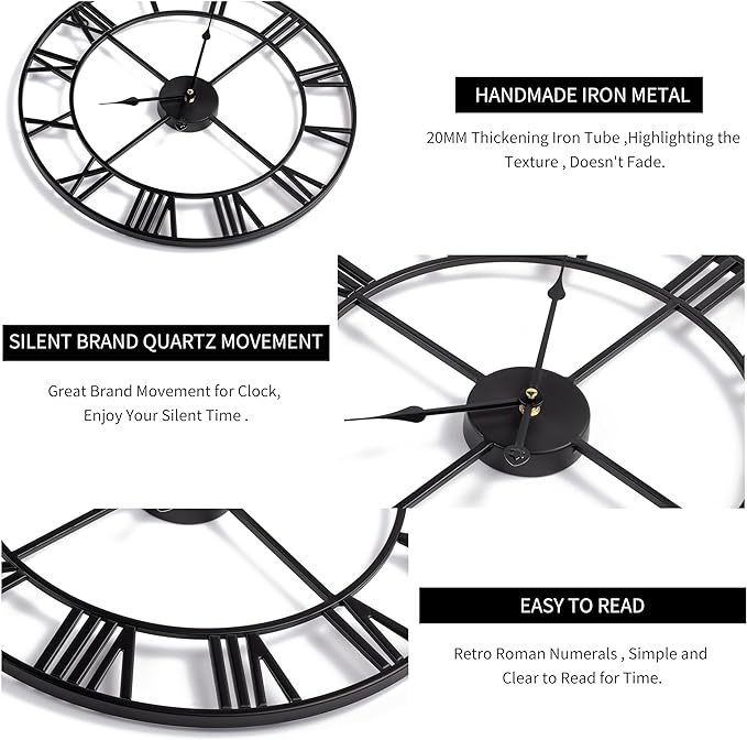 Large Modern Metal Wall Clocks Rustic Round Nearly Silent Little Ticking - Image 4