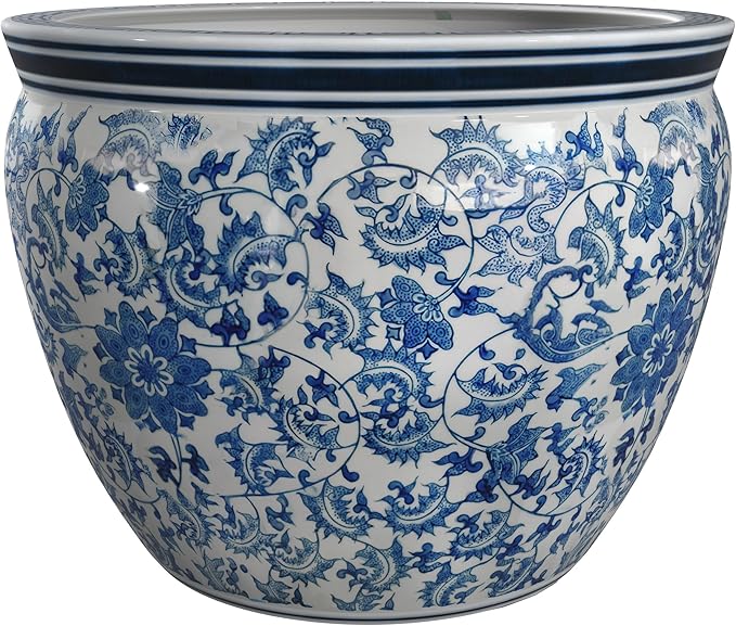 Red Lantern 16" Floral Blue & White Porcelain Fishbowl Planter