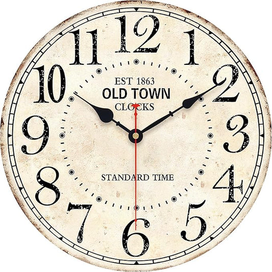 14 Inch Retro Round Wall Clock Old Town Vintage Antique Style Battery Operated by Toudorp