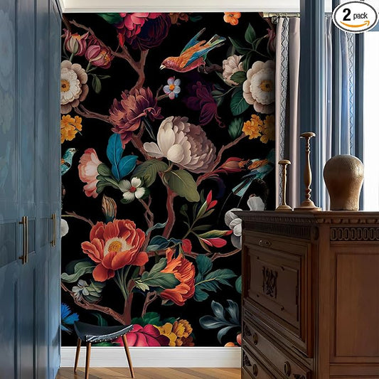 Zeeko Floral Wallpaper Black Peel and Stick Wall Mural Canvas Fabric Vintage by Zeeko