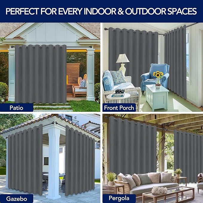 PureFit Outdoor Curtains for Patio Waterproof Weatherproof, UV Resistant Outside Curtains for Gazebo, Front Porch, Pergola, Sun Blocking Privacy Curtain, 120W x 108L inch, 1 Panel, Gray