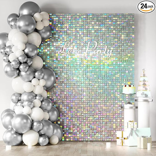 COKAOBE Iridescent Silver Shimmer Wall Backdrop, 24 Panels Square Sequin by COKAOBE
