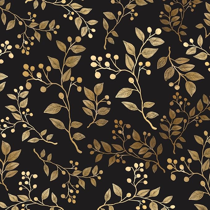 Dark Floral Peel and Stick Wallpaper, Vintage Gold Leaf Self-Adhesive Contact by VOLEAARWALLPAPER