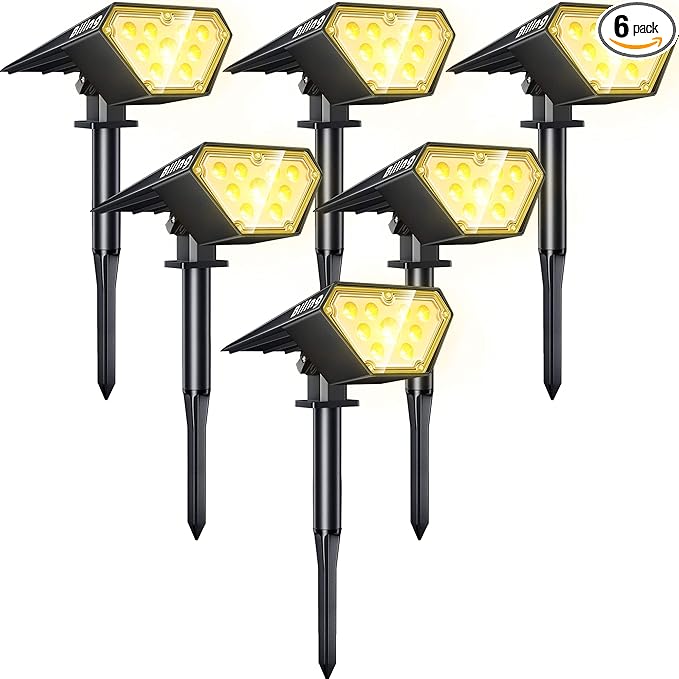 Biling Solar Spot Lights Outdoor, Bright 700 Lumen Solar Outdoor Lights IP67 Waterproof Adjustable House Lights for Patio Pathway Yard Garden Driveway Tree - Warm White(6 Pack)