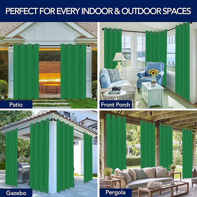 PureFit Outdoor Curtains for Patio Waterproof Weatherproof, UV Resistant Outside Curtains for Gazebo, Front Porch, Pergola, Sun Blocking Privacy Curtain, 52W x 95L inch, 1 Panel, Green