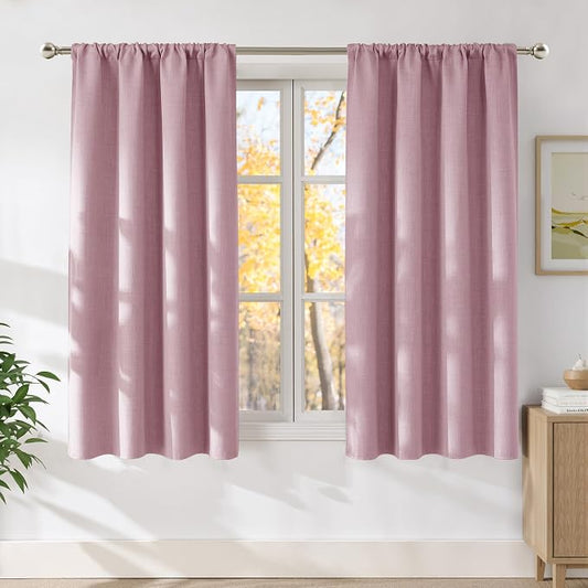 NICETOWN Pink Faux Linen Room Darkening Rod Pocket Curtains 63 inch Length by NICETOWN