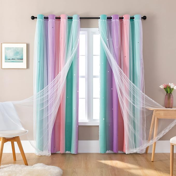 XiDi Curtains for Girls Bedroom Decor, Rainbow Blackout Curtains for - Image 5