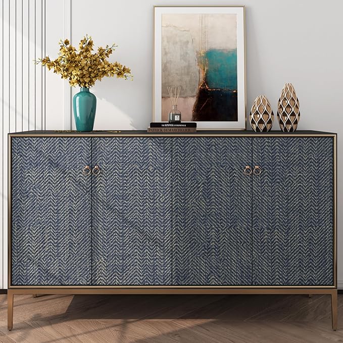 FunStick 24"x200" Dark Blue and Gold Grasscloth Peel and Stick Wallpaper - Image 4