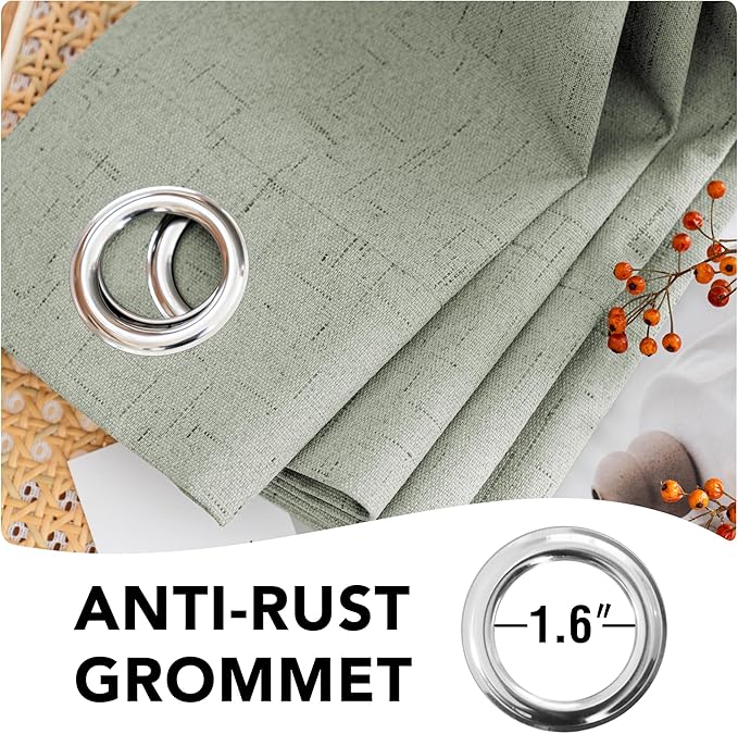 H.VERSAILTEX Linen Blackout Curtains 63 Inches Long 100% Absolutely Blackout Thermal Insulated Textured Linen Look Curtain Draperies Anti-Rust Grommet, Energy Saving with White Liner, 2 Panels, Sage
