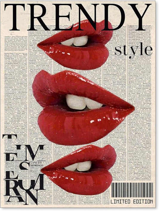 jkahh Trendy Y2k Newspaper Wall Art Vintage Red Lips Kiss Prints Poster Fashion by Unknown