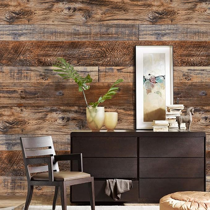 WENMER 17.71" x 197" Brown Wood Wallpaper Peel and Stick Wallpaper Wood Stick - Image 4