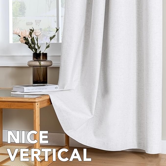 H.VERSAILTEX Linen Curtains 100% Blackout Curtains for Bedroom 54 inch Long Full Light Blocking Nature Linen Blended Window Curtains for Living Room Nickel Grommet (2 Panels, Heathered White)