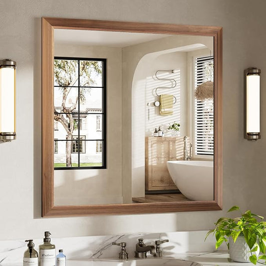36x36 Inch Bathroom Mirror for Wall, Anti-Rust Walnut Wood Grain Metal Framed by Briivuemodernmirrors