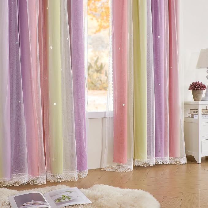 XiDi Yellow Curtains for Bedroom Decor Blackout Pink Curtains for Girl Kids - Image 3