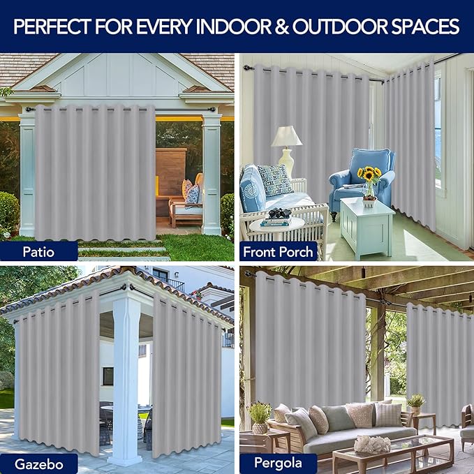 PureFit Outdoor Curtains for Patio Waterproof Weatherproof, UV Resistant Outside Curtains for Gazebo, Front Porch, Pergola, Sun Blocking Privacy Curtain, 120W x 108L inch, 1 Panel, Light Gray