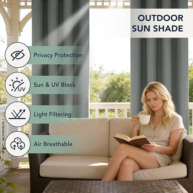 Patio Curtains Outdoor Waterproof - 6 Panels Privacy Weatherproof Outside Curtains with Grommets for Pergola, Gazebo, Porch, Cabana, Balcony, 54 x 95 Inch, Grey