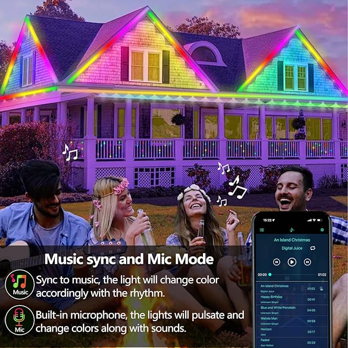 65.6FT Outdoor LED Strip Light Waterproof,IP68 Outside RGB+IC Light Strip with App/Remote Control,Chase Mode,Music Sync Rope Light for Balcony,Deck,Rooftop,Garden,Pool