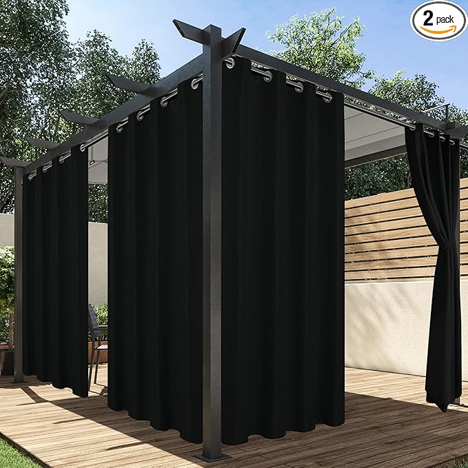 HolidayIdeas Extra Wide Outdoor Curtains for Patio Waterproof, 2 Panels - 110 x 95 Inch - Privacy & Light Filtering Curtains Grommet Outside Curtains for Porch, Gazebo, Pergola, Backyard (Black)