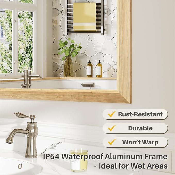 36x32 Inch Bathroom Mirror for Wall, Anti-Rust Oak Wood Grain Metal Framed - Image 4