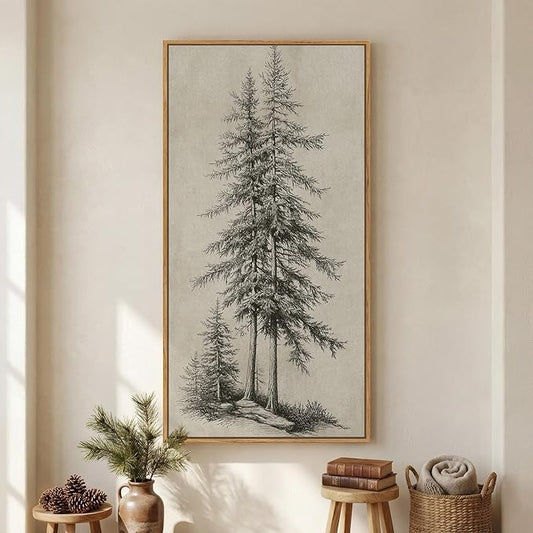 Large Framed Vertical Vintage Pine Tree Wall Art by Cuspin