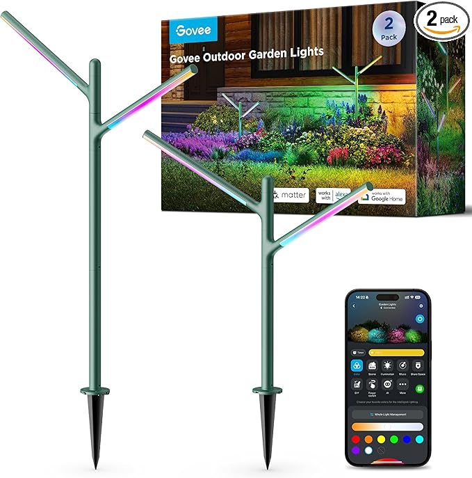 Govee Outdoor Garden Lights 2 Pack, RGBWWIC Smart LED Pathway Lights for Landscape Lighting, 16 Million Colors and 64 Scenes, IP66 Waterproof for Outdoor Patio, Compatible with Alexa, Matter