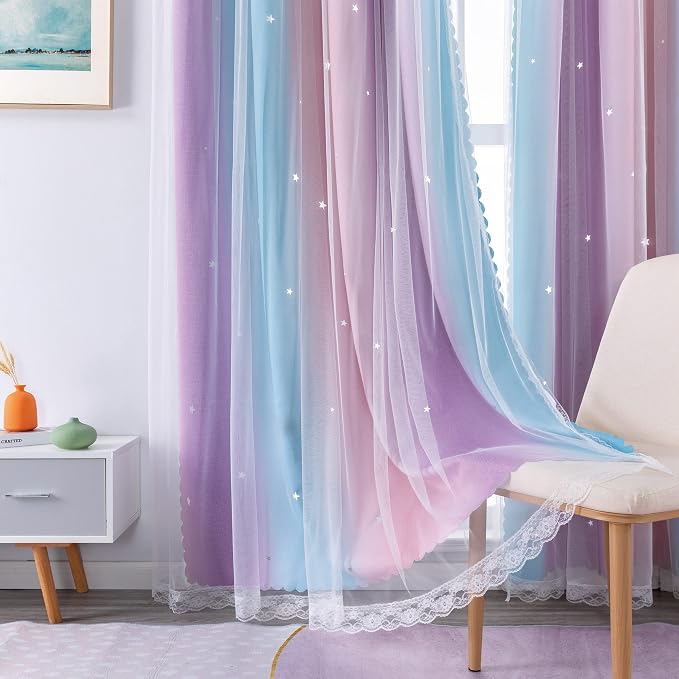 XiDi Curtains for Bedroom Decor, Rainbow Pink Purple/42/54 - Image 3
