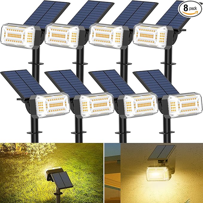 102 LED Solar Spot Lights Outdoor Waterproof IP65, Adjustable Landscape Spotlights, [8 Pack/4 Modes] Auto On/Off Solar Powered Flood Lights for Outside Yard Garden Wall Pathway (Warm White)