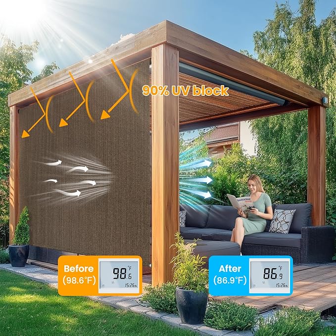 6'W x 6'H Mocha Patio Shades Roll up Outdoor Roller Shade Crank Wand Blind - Image 2