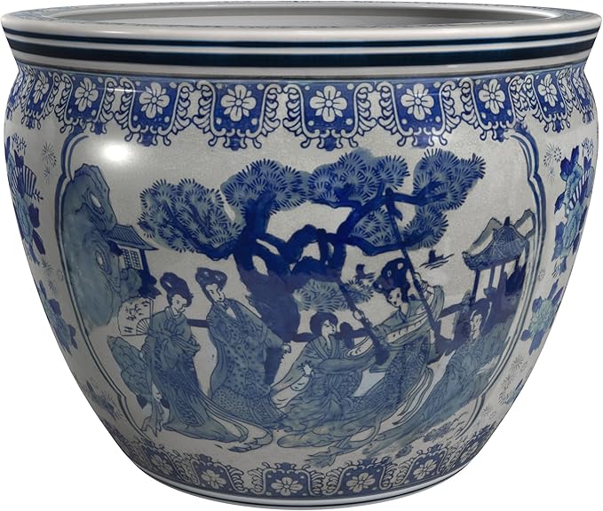 Red Lantern 14" Ladies Blue & White Porcelain Fishbowl