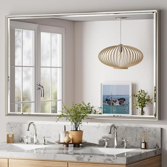 48'' x 30'' Brushed Nickel Framed Beveled Bathroom Mirror, Shatterproof by QUEENFUN