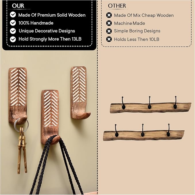 IndianShelf 10 LB- 3 Pieces Decorative Wood Adhesive Wall Hooks–Boho Peel and - Image 4