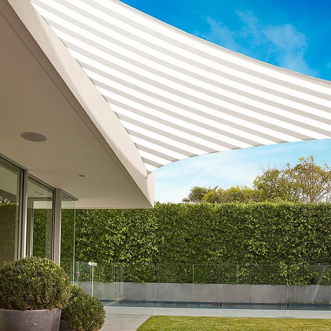 E&K Sunrise 19' x 19' x 19' Sun Shade Sail Triangle Canopy Shade Cover UV Block for Patio Backyard Garden Outdoor (Beige White Strip)