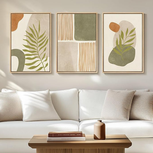 Framed Mid Century Modern Boho Wall Art Bedroom, 3 Piece Tropical Sage Green by Cuspin