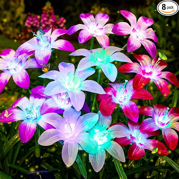 Solar Garden Lights Outdoor, 8 Pack Blooming Lily Solar Flowers Outdoor Waterproof, 7 Color Changing Bigger Flower Lights for Yard Patio Decor, Gift for Mom