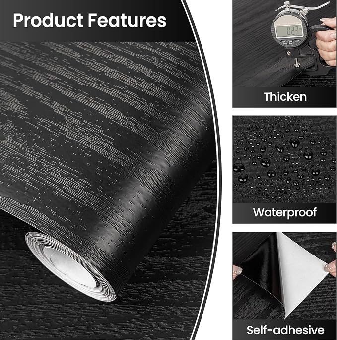 Abyssaly Black Wood Peel and Stick Paper 11.8" X 197" Decorative Self-Adhesive - Image 2