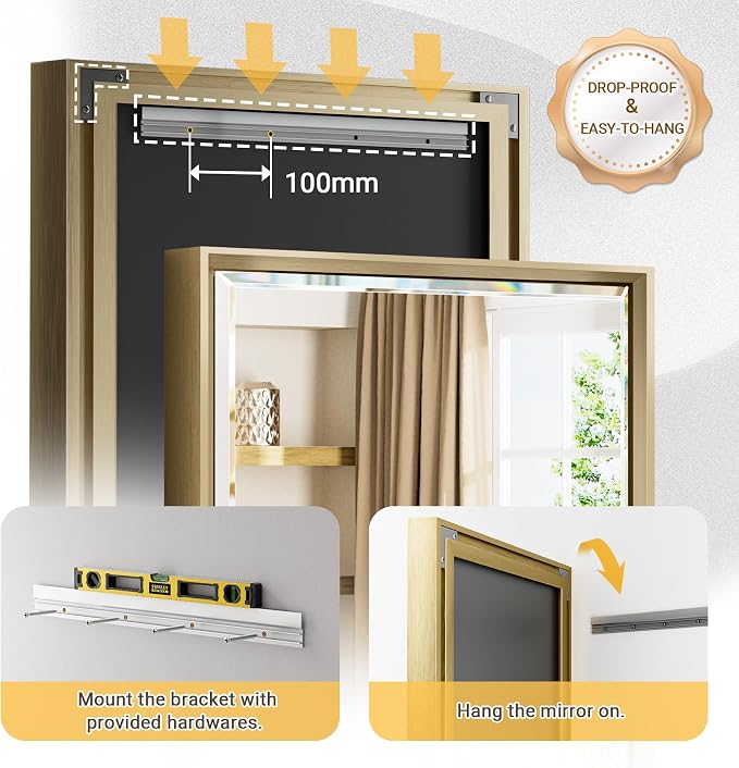 48 x 30 Gold Bathroom Mirror, Brushed Gold Beveled Bathroom Mirror, - Image 5