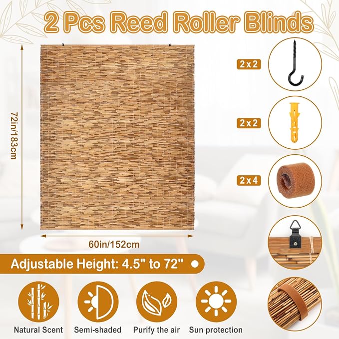 DoubleFill 2 Pcs Bamboo Shades Outdoor Reed Roll up Blinds 60 W x 72 H Blackout - Image 2