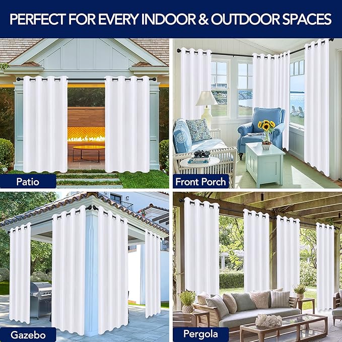 PureFit Outdoor Curtains for Patio Waterproof Weatherproof, UV Resistant Outside Curtains for Gazebo, Front Porch, Pergola, Sun Blocking Privacy Curtain, 52W x 84L inch, 1 Panel, White