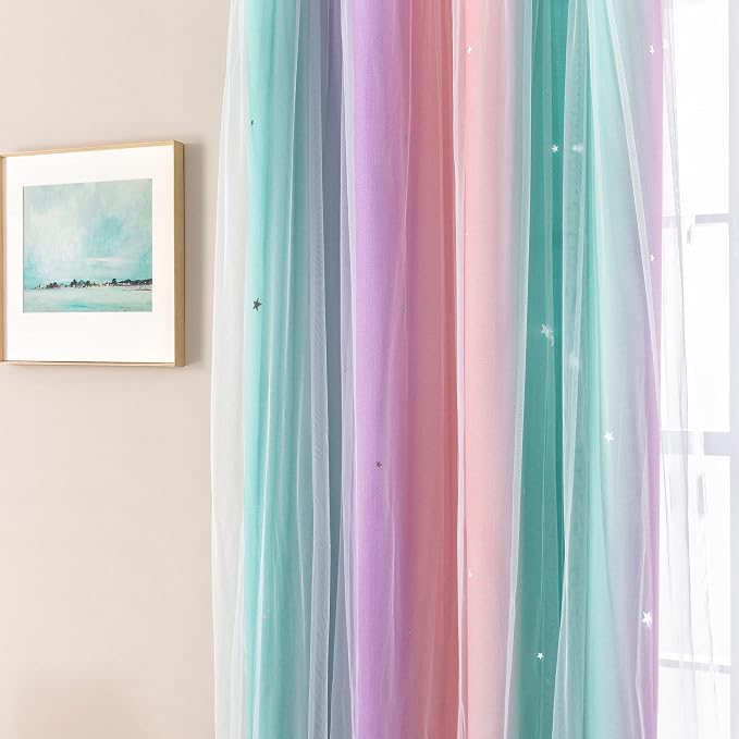 XiDi Curtains for Bedroom Decor, Rainbow Pink Purple Green 34/90/1 - Image 3