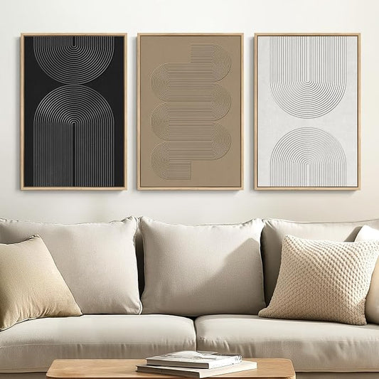 Framed Black and White Brown Abstract Wall Art, 3 Piece Boho Geometric Canvas by Cuspin