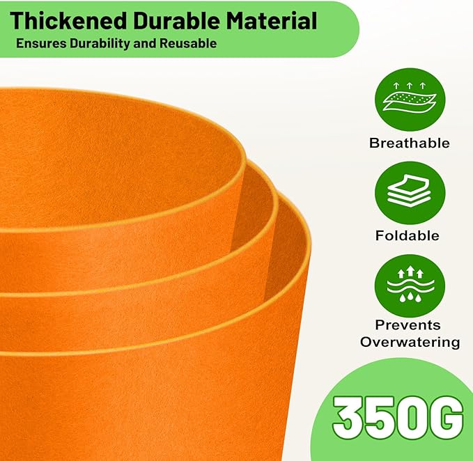 10 Gallon Fabric Grow Bags 5-Pack, 350G Heavy Duty Nonwoven Plant Pots with Handles, Breathable Root Pruning Containers for Vegetables Flowers Indoor Outdoor Gardening