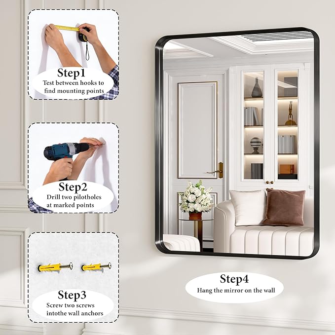 60X30 Inch Black Metal Framed Bathroom Mirror - Image 7